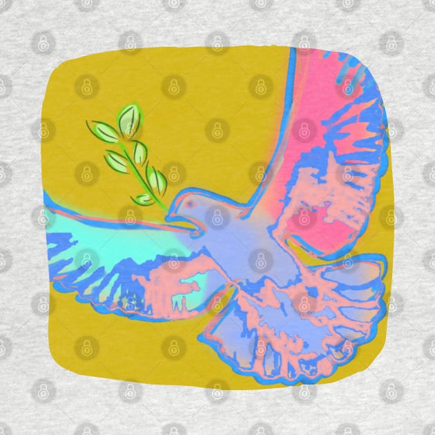 Pop art peace dove in teal and pink pastel colors on ochre yellow background by Bailamor